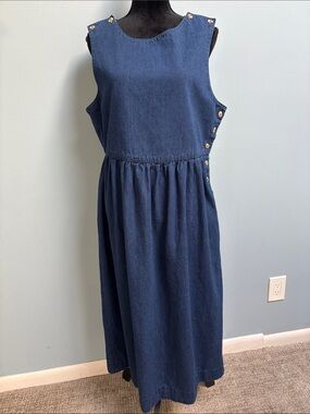 Vintage Lands' End Denim Jumper Dress Pinafore Made USA 100% Cotton Side  Button